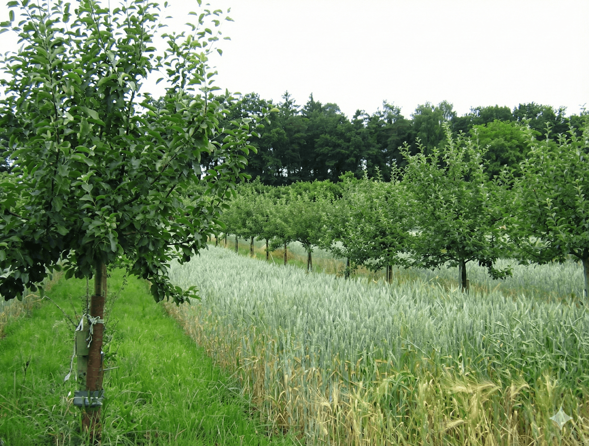 Parcelle agroforestière dense avec arbres, céréales et couverture végétale